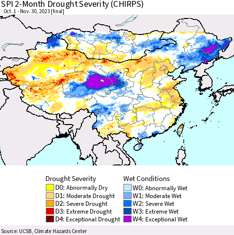 China, Mongolia and Taiwan SPI 2-Month Drought Severity (CHIRPS) Thematic Map For 10/1/2023 - 11/30/2023