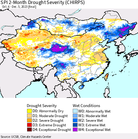 China, Mongolia and Taiwan SPI 2-Month Drought Severity (CHIRPS) Thematic Map For 10/6/2023 - 12/5/2023