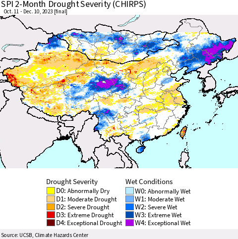 China, Mongolia and Taiwan SPI 2-Month Drought Severity (CHIRPS) Thematic Map For 10/11/2023 - 12/10/2023