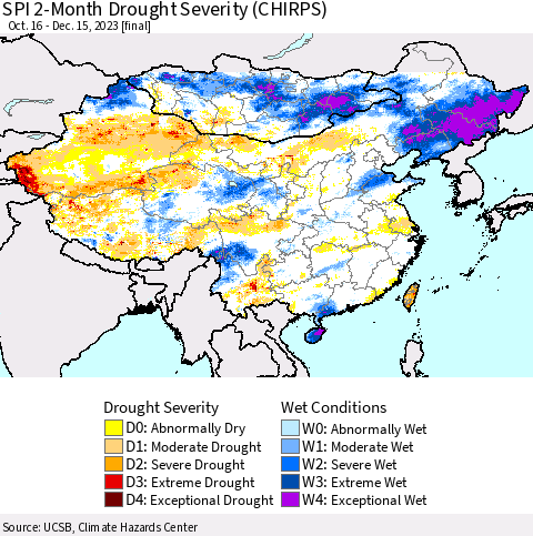 China, Mongolia and Taiwan SPI 2-Month Drought Severity (CHIRPS) Thematic Map For 10/16/2023 - 12/15/2023