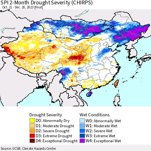 China, Mongolia and Taiwan SPI 2-Month Drought Severity (CHIRPS) Thematic Map For 10/21/2023 - 12/20/2023