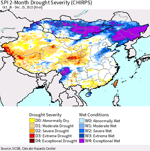 China, Mongolia and Taiwan SPI 2-Month Drought Severity (CHIRPS) Thematic Map For 10/26/2023 - 12/25/2023