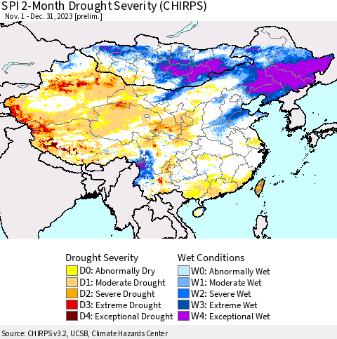 China, Mongolia and Taiwan SPI 2-Month Drought Severity (CHIRPS) Thematic Map For 11/1/2023 - 12/31/2023