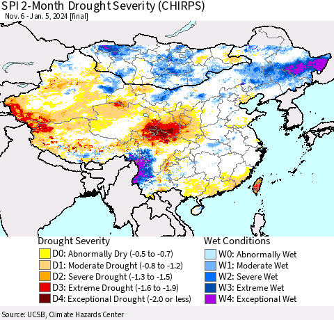 China, Mongolia and Taiwan SPI 2-Month Drought Severity (CHIRPS) Thematic Map For 11/6/2023 - 1/5/2024
