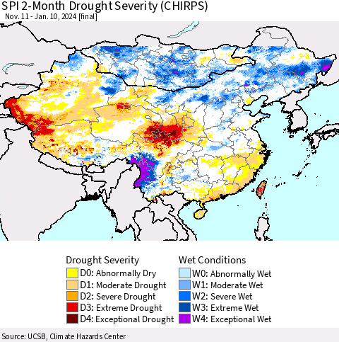 China, Mongolia and Taiwan SPI 2-Month Drought Severity (CHIRPS) Thematic Map For 11/11/2023 - 1/10/2024