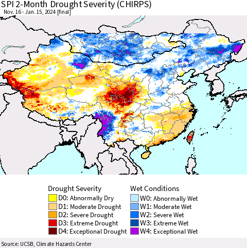 China, Mongolia and Taiwan SPI 2-Month Drought Severity (CHIRPS) Thematic Map For 11/16/2023 - 1/15/2024