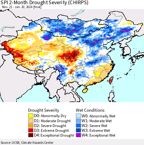 China, Mongolia and Taiwan SPI 2-Month Drought Severity (CHIRPS) Thematic Map For 11/21/2023 - 1/20/2024