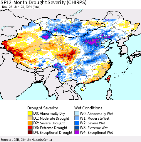 China, Mongolia and Taiwan SPI 2-Month Drought Severity (CHIRPS) Thematic Map For 11/26/2023 - 1/25/2024