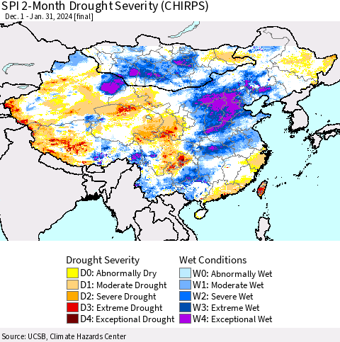 China, Mongolia and Taiwan SPI 2-Month Drought Severity (CHIRPS) Thematic Map For 12/1/2023 - 1/31/2024