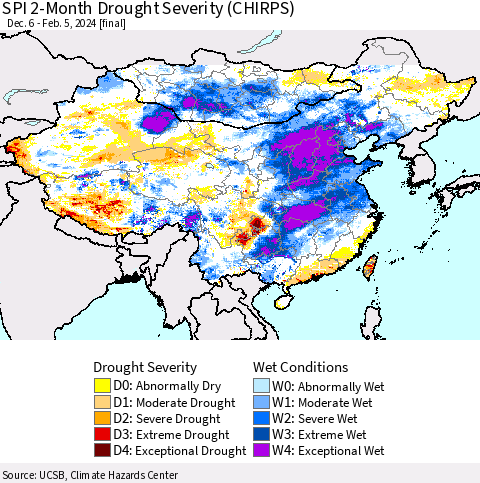 China, Mongolia and Taiwan SPI 2-Month Drought Severity (CHIRPS) Thematic Map For 12/6/2023 - 2/5/2024