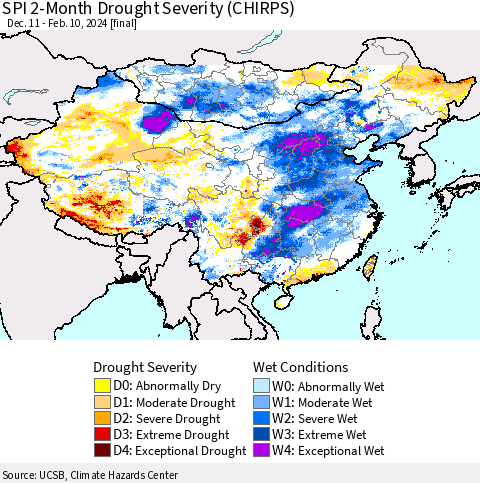 China, Mongolia and Taiwan SPI 2-Month Drought Severity (CHIRPS) Thematic Map For 12/11/2023 - 2/10/2024