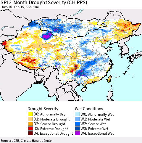 China, Mongolia and Taiwan SPI 2-Month Drought Severity (CHIRPS) Thematic Map For 12/16/2023 - 2/15/2024