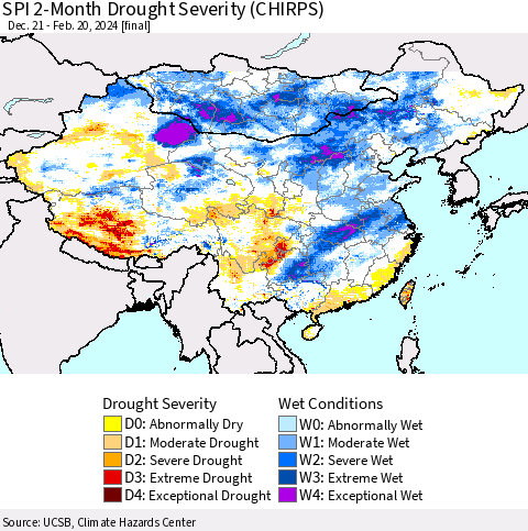 China, Mongolia and Taiwan SPI 2-Month Drought Severity (CHIRPS) Thematic Map For 12/21/2023 - 2/20/2024