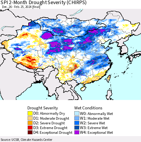 China, Mongolia and Taiwan SPI 2-Month Drought Severity (CHIRPS) Thematic Map For 12/26/2023 - 2/25/2024