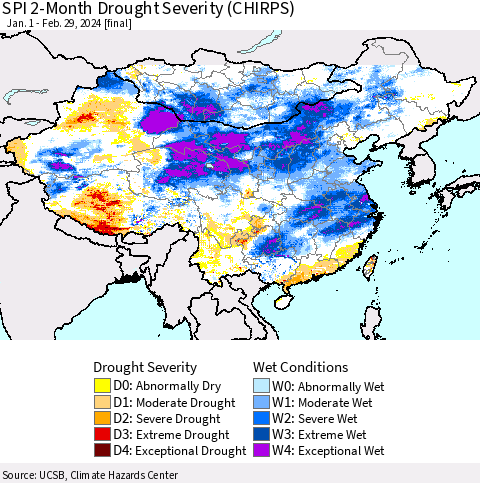 China, Mongolia and Taiwan SPI 2-Month Drought Severity (CHIRPS) Thematic Map For 1/1/2024 - 2/29/2024