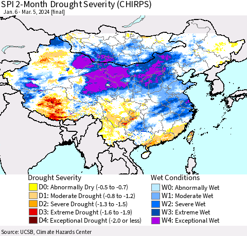 China, Mongolia and Taiwan SPI 2-Month Drought Severity (CHIRPS) Thematic Map For 1/6/2024 - 3/5/2024