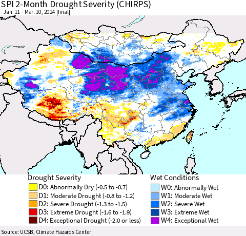 China, Mongolia and Taiwan SPI 2-Month Drought Severity (CHIRPS) Thematic Map For 1/11/2024 - 3/10/2024