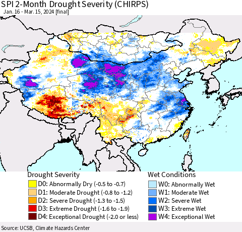 China, Mongolia and Taiwan SPI 2-Month Drought Severity (CHIRPS) Thematic Map For 1/16/2024 - 3/15/2024