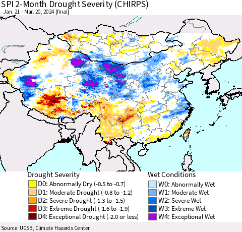 China, Mongolia and Taiwan SPI 2-Month Drought Severity (CHIRPS) Thematic Map For 1/21/2024 - 3/20/2024