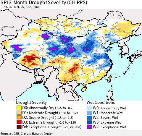 China, Mongolia and Taiwan SPI 2-Month Drought Severity (CHIRPS) Thematic Map For 1/26/2024 - 3/25/2024