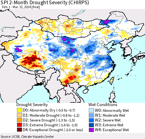 China, Mongolia and Taiwan SPI 2-Month Drought Severity (CHIRPS) Thematic Map For 2/1/2024 - 3/31/2024