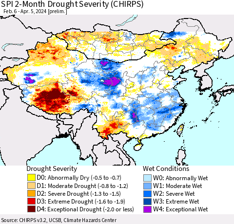 China, Mongolia and Taiwan SPI 2-Month Drought Severity (CHIRPS) Thematic Map For 2/6/2024 - 4/5/2024