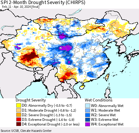 China, Mongolia and Taiwan SPI 2-Month Drought Severity (CHIRPS) Thematic Map For 2/11/2024 - 4/10/2024