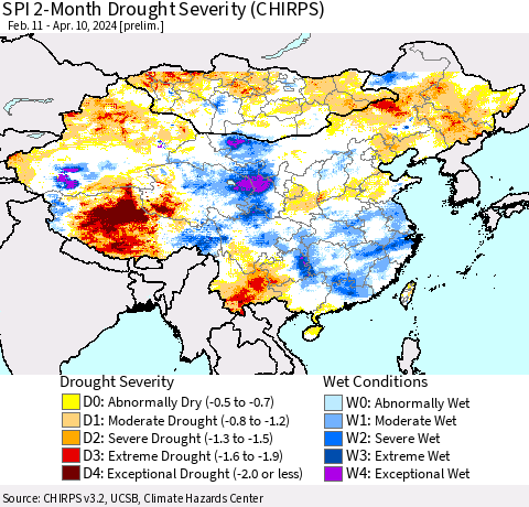 China, Mongolia and Taiwan SPI 2-Month Drought Severity (CHIRPS) Thematic Map For 2/11/2024 - 4/10/2024