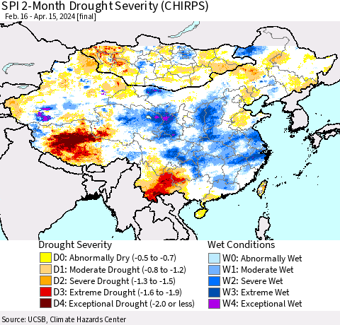 China, Mongolia and Taiwan SPI 2-Month Drought Severity (CHIRPS) Thematic Map For 2/16/2024 - 4/15/2024