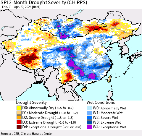China, Mongolia and Taiwan SPI 2-Month Drought Severity (CHIRPS) Thematic Map For 2/21/2024 - 4/20/2024