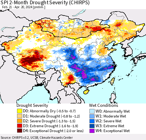 China, Mongolia and Taiwan SPI 2-Month Drought Severity (CHIRPS) Thematic Map For 2/21/2024 - 4/20/2024