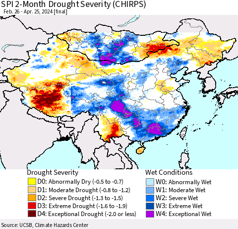 China, Mongolia and Taiwan SPI 2-Month Drought Severity (CHIRPS) Thematic Map For 2/26/2024 - 4/25/2024