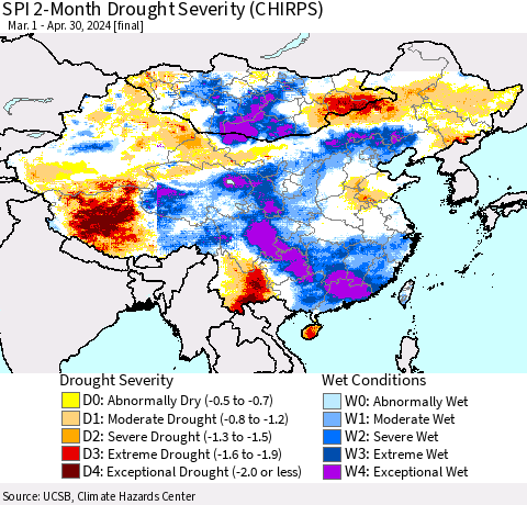 China, Mongolia and Taiwan SPI 2-Month Drought Severity (CHIRPS) Thematic Map For 3/1/2024 - 4/30/2024