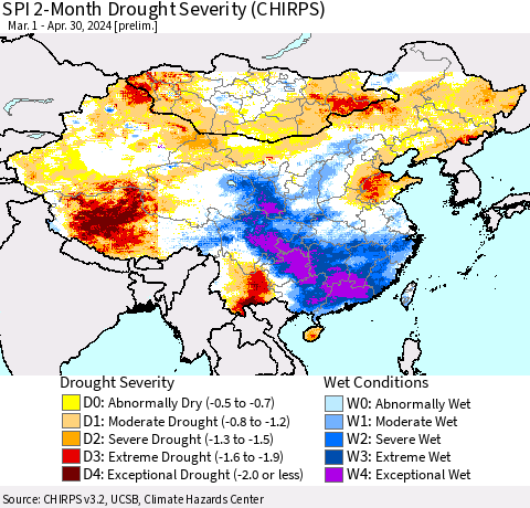 China, Mongolia and Taiwan SPI 2-Month Drought Severity (CHIRPS) Thematic Map For 3/1/2024 - 4/30/2024