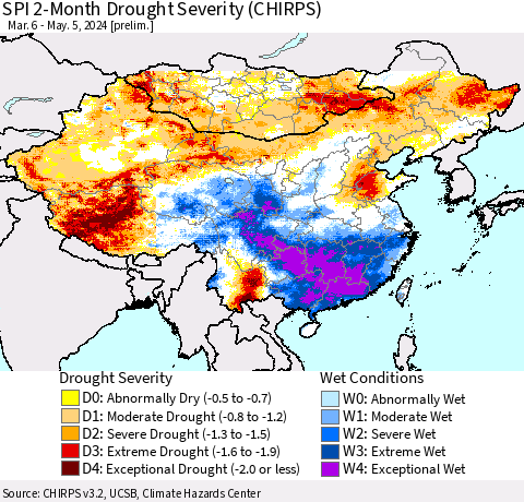 China, Mongolia and Taiwan SPI 2-Month Drought Severity (CHIRPS) Thematic Map For 3/6/2024 - 5/5/2024