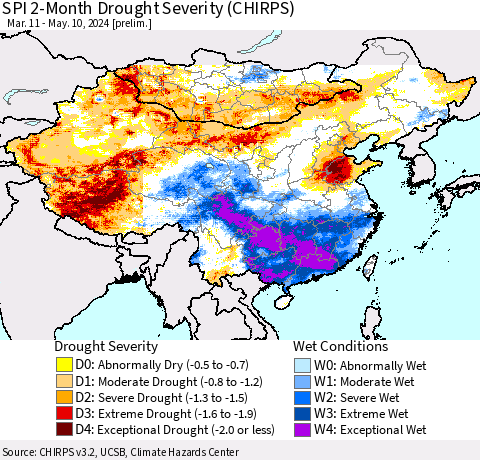 China, Mongolia and Taiwan SPI 2-Month Drought Severity (CHIRPS) Thematic Map For 3/11/2024 - 5/10/2024
