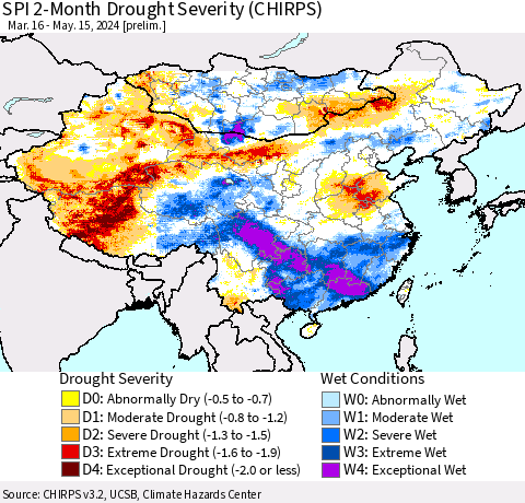 China, Mongolia and Taiwan SPI 2-Month Drought Severity (CHIRPS) Thematic Map For 3/16/2024 - 5/15/2024