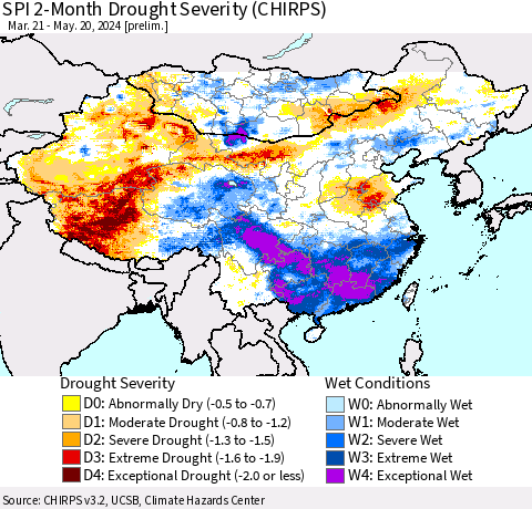 China, Mongolia and Taiwan SPI 2-Month Drought Severity (CHIRPS) Thematic Map For 3/21/2024 - 5/20/2024