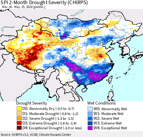 China, Mongolia and Taiwan SPI 2-Month Drought Severity (CHIRPS) Thematic Map For 3/26/2024 - 5/25/2024
