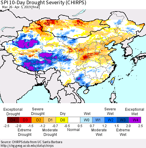 China and Taiwan SPI 10-Day Drought Severity (CHIRPS) Thematic Map For 3/26/2019 - 4/5/2019