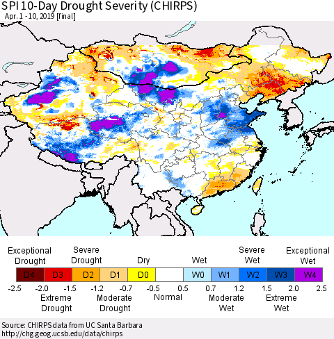 China and Taiwan SPI 10-Day Drought Severity (CHIRPS) Thematic Map For 4/1/2019 - 4/10/2019