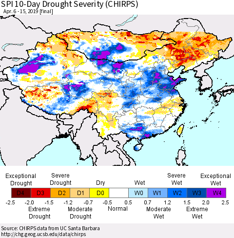 China, Mongolia and Taiwan SPI 10-Day Drought Severity (CHIRPS) Thematic Map For 4/6/2019 - 4/15/2019