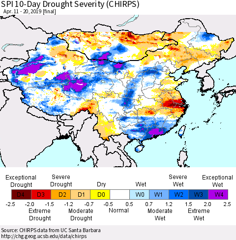 China and Taiwan SPI 10-Day Drought Severity (CHIRPS) Thematic Map For 4/11/2019 - 4/20/2019