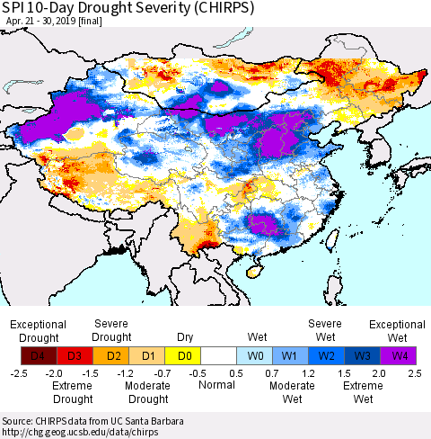 China and Taiwan SPI 10-Day Drought Severity (CHIRPS) Thematic Map For 4/21/2019 - 4/30/2019