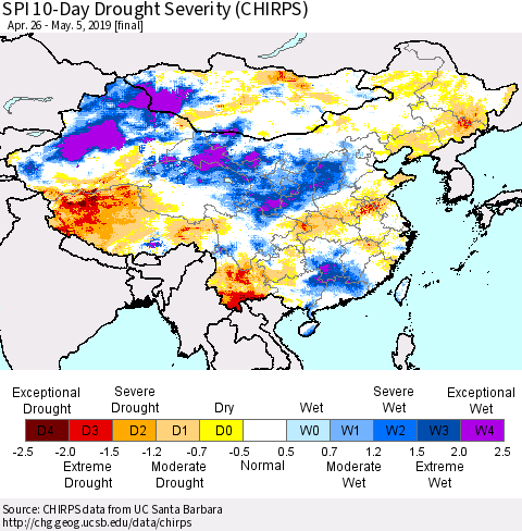 China and Taiwan SPI 10-Day Drought Severity (CHIRPS) Thematic Map For 4/26/2019 - 5/5/2019
