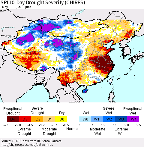 China and Taiwan SPI 10-Day Drought Severity (CHIRPS) Thematic Map For 5/1/2019 - 5/10/2019