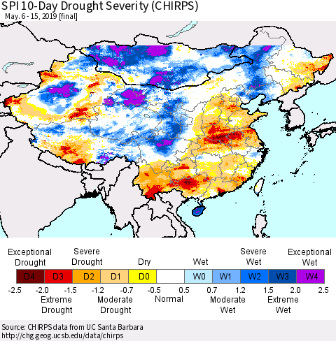 China, Mongolia and Taiwan SPI 10-Day Drought Severity (CHIRPS) Thematic Map For 5/6/2019 - 5/15/2019
