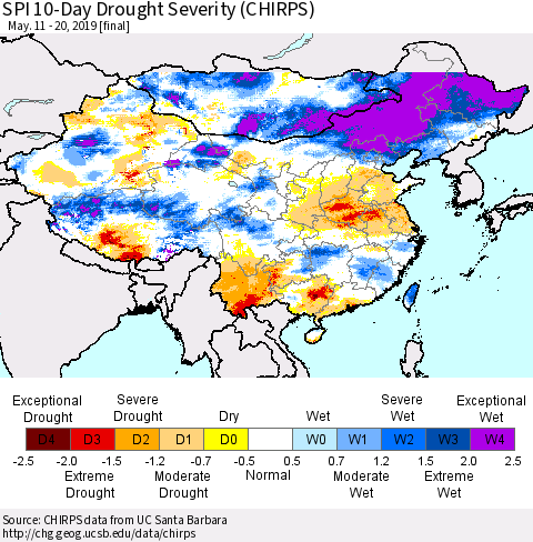 China and Taiwan SPI 10-Day Drought Severity (CHIRPS) Thematic Map For 5/11/2019 - 5/20/2019