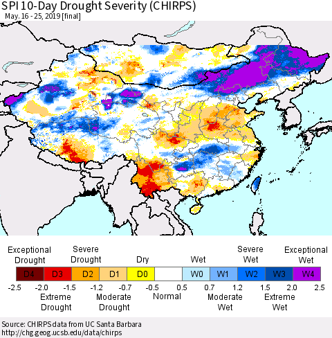 China, Mongolia and Taiwan SPI 10-Day Drought Severity (CHIRPS) Thematic Map For 5/16/2019 - 5/25/2019