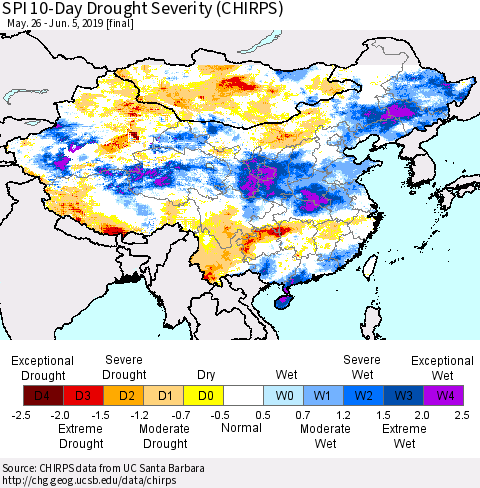 China and Taiwan SPI 10-Day Drought Severity (CHIRPS) Thematic Map For 5/26/2019 - 6/5/2019
